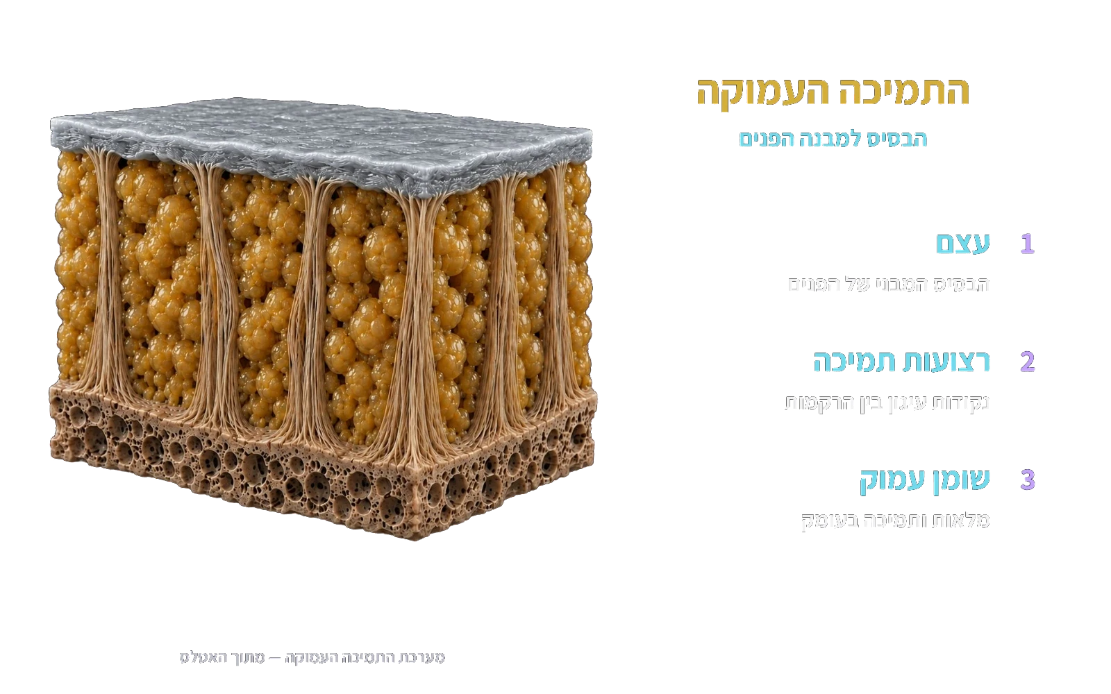 התמיכה העמוקה — עצם, רצועות תמיכה ושומן עמוק, מתוך האטלס.