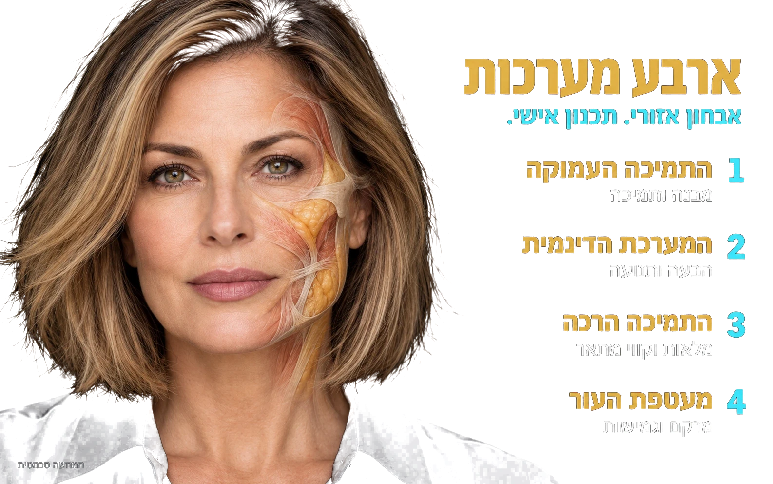 ארבע מערכות: התמיכה העמוקה, המערכת הדינמית, התמיכה הרכה ומעטפת העור. המחשה סכמטית.