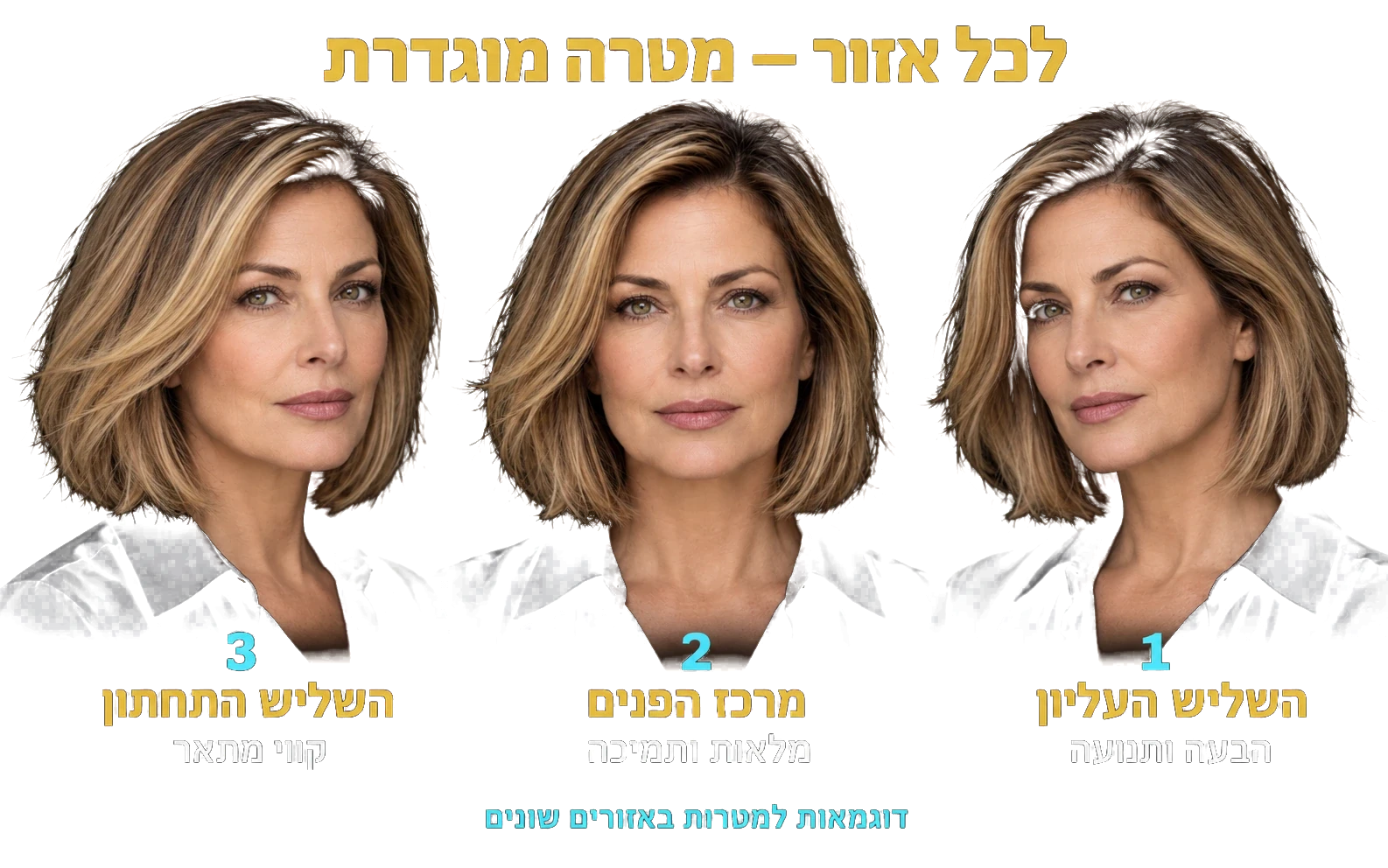 אותה דמות בשלוש זוויות — דוגמאות למטרות באזורים שונים.