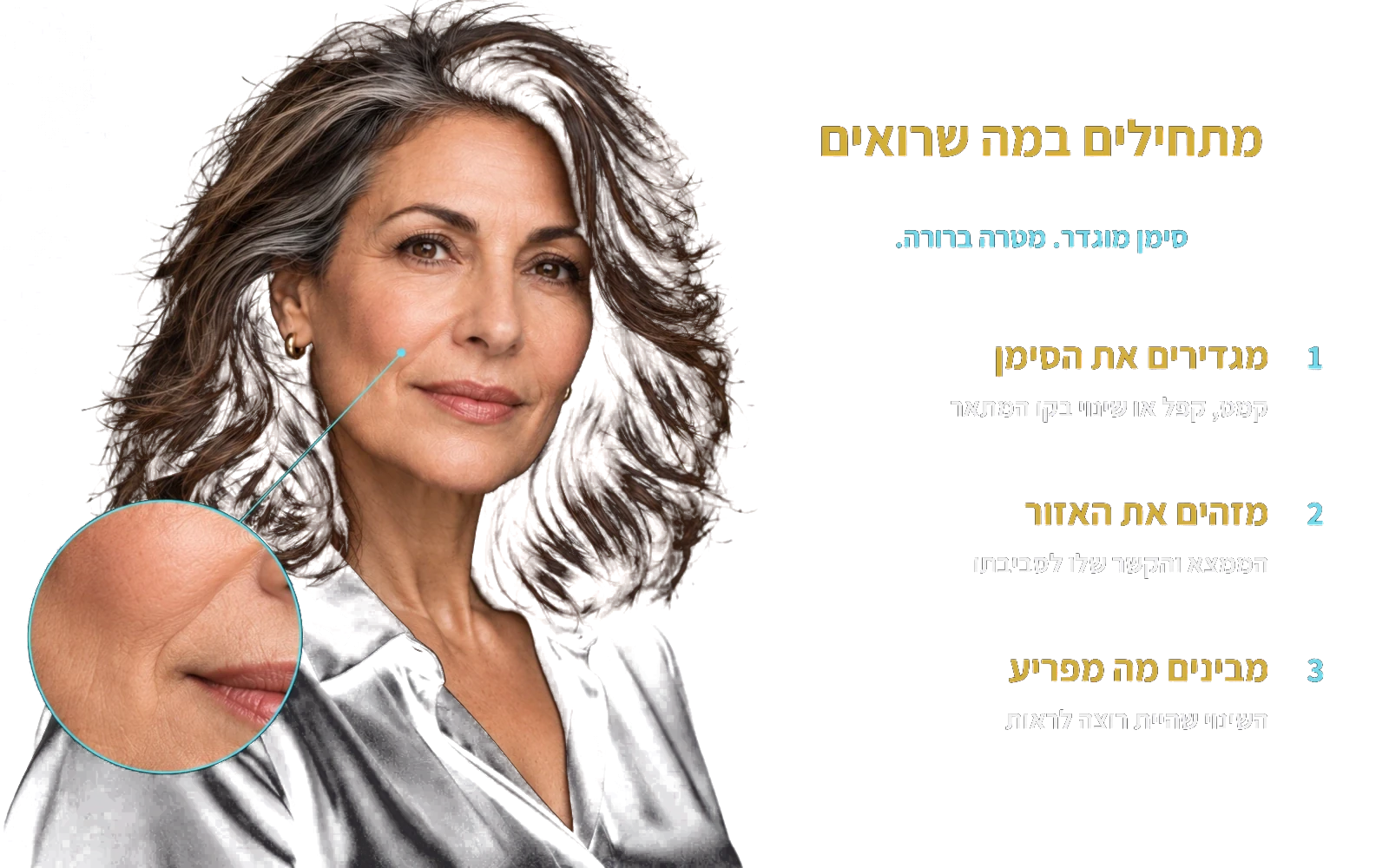 מתחילים במה שרואים — דמות בזווית ותקריב של אזור הלחי והקפל ליד הפה.