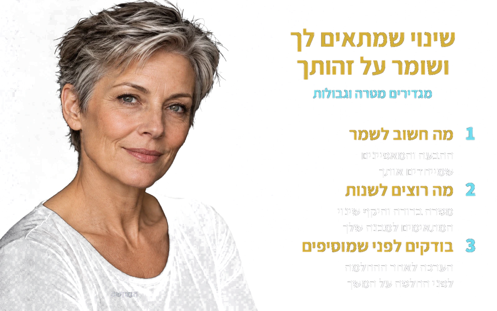 המחשה: אותה אישה בוגרת; שינוי שמתאים לך ושומר על זהותך