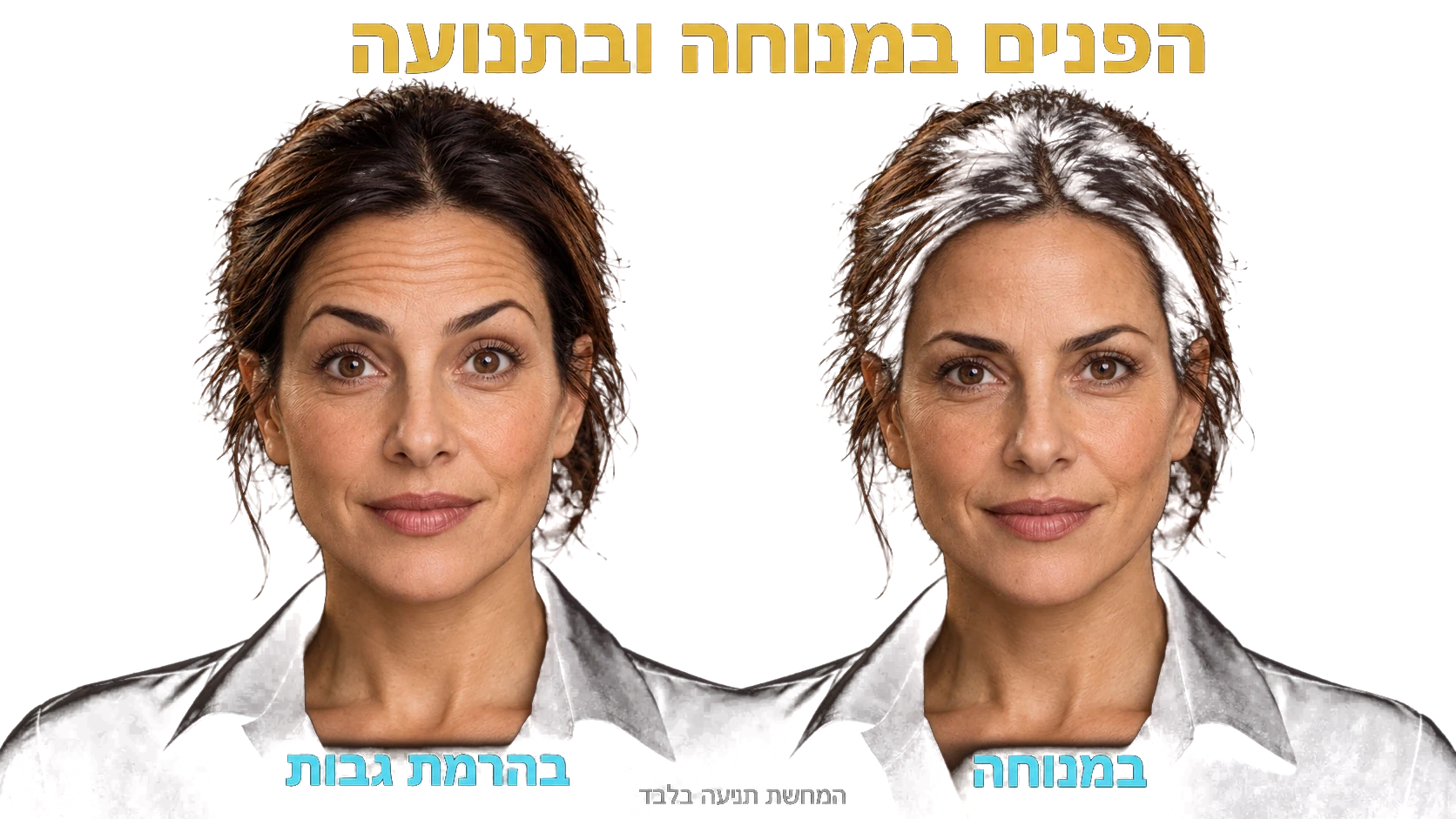 אותה דמות במנוחה ובהרמת גבות. המחשת תנועה בלבד, ללא הצגת תוצאת טיפול.
