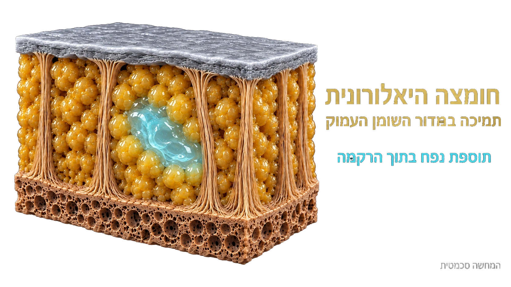 המחשה סכמטית של ג׳ל חומצה היאלורונית בתכלת בתוך מדור השומן העמוק. הצבע נועד להמחשה.