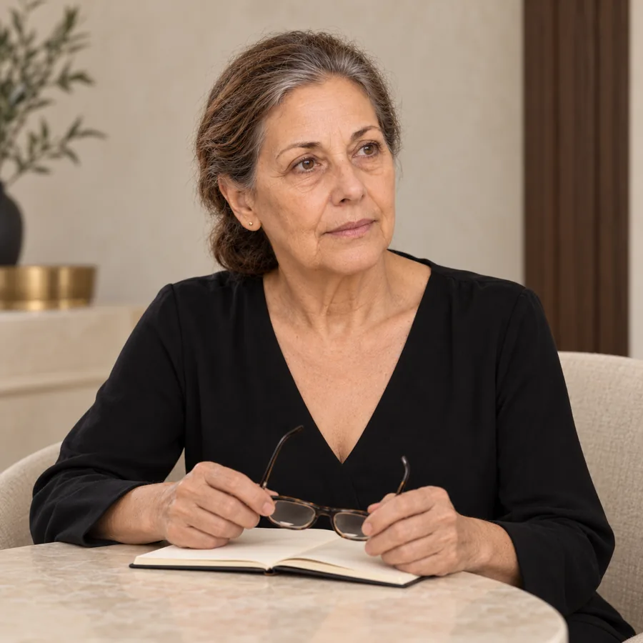 הדמות המלווה את עמוד שליש הפנים האמצעי, יושבת ליד שולחן במבט קשוב ומחזיקה משקפיים מעל מחברת