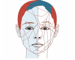 a person's face is depicted in a linear illustration style, featuring an angled line of colors including light red and azure. the artwork draws inspiration from various elements such as kintsugi, editorial illustrations, medical imaging film, cut and paste techniques, and thai art. ai generated