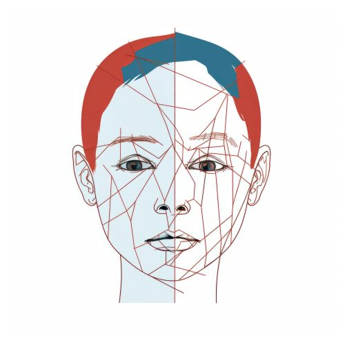 a person's face is depicted in a linear illustration style, featuring an angled line of colors including light red and azure. the artwork draws inspiration from various elements such as kintsugi, editorial illustrations, medical imaging film, cut and paste techniques, and thai art. ai generated